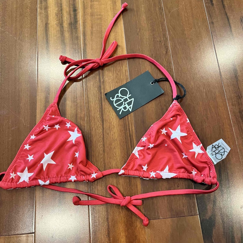 New NWT Chaser Bikini Red Star Silver Swimsuit Swim Top Pattern Triangle Sz‎ M